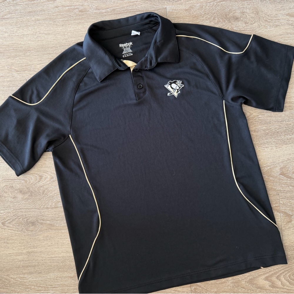 Reebok Pittsburgh Penguins NHL Polo Shirt Black Gold Mens Medium Logo - Picture 3 of 10